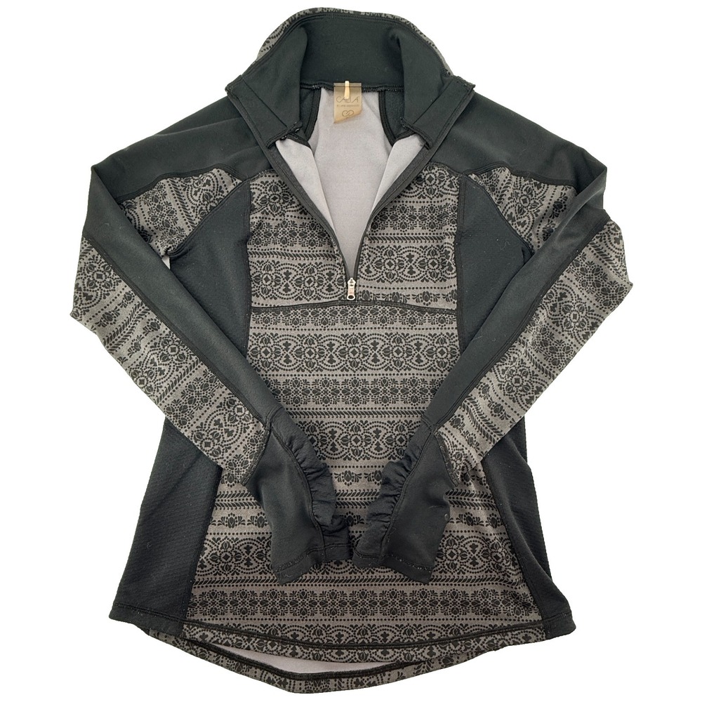 Calia Womens Quarter Zip Pullover Athletic Top Black Gray Pattern Thumbholes